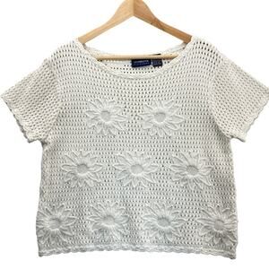 Liz Claiborne Vintage 90s White Cotton Floral Crochet Short Sleeve Sweater XL